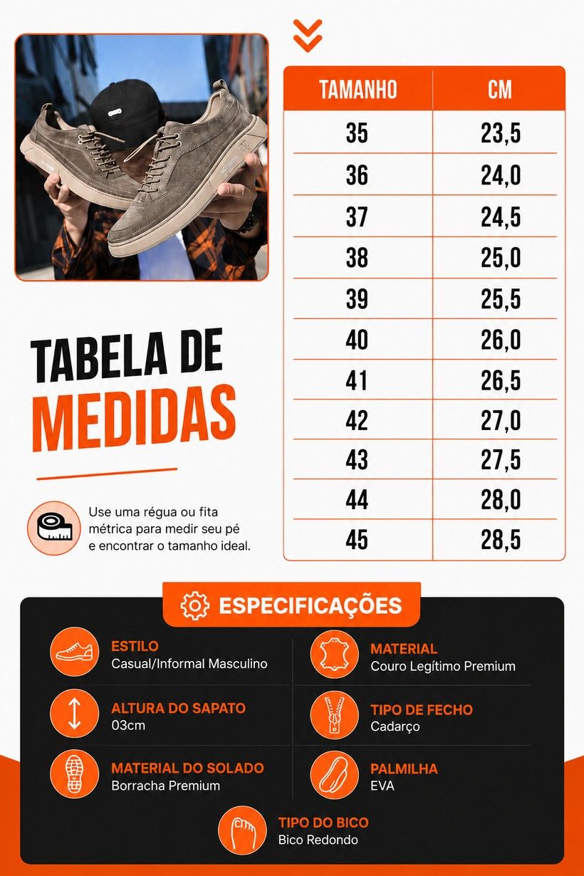 Tabela de medidas do sapatênis